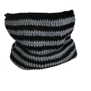 Black & Gray Striped Stretchy Crochet Cat Ear Beanie Hat - One Size